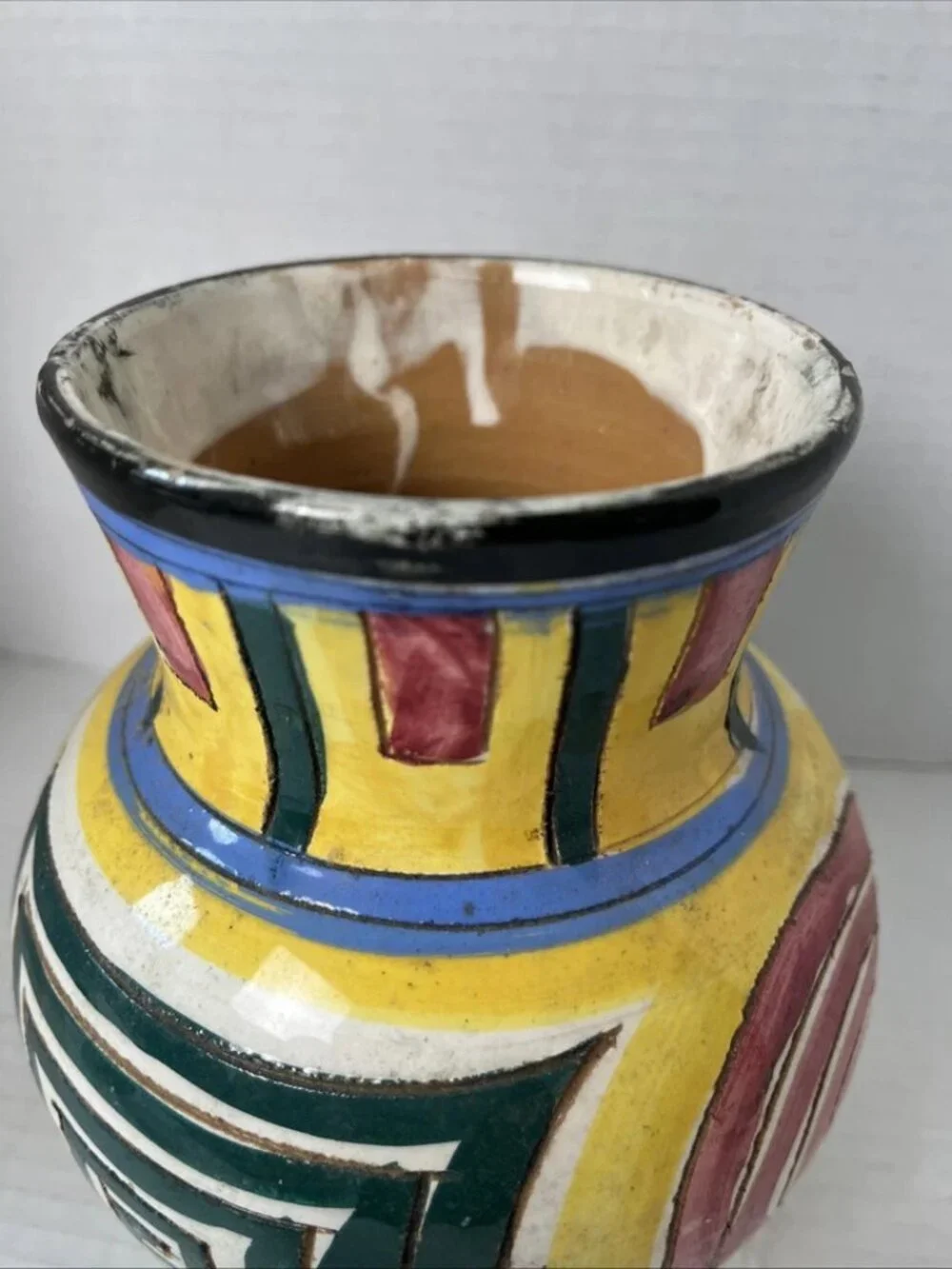 Vintage Italy Art Pottery Vase MCM Geometric Spiral Hand Painted 7